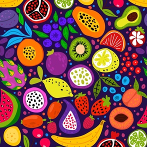 Vitamins are best friends- colorful joyful fruits design with kiwis, bananas, litchi, passion fruit, goji berries, apricot, avocados, plums , etc- on dark background