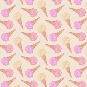 Hand painted ice cream cones in vanilla, raspberry and strawberry colors on a light peach background - large