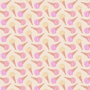 Hand painted ice cream cones in vanilla, raspberry and strawberry colors on a light peach background - medium