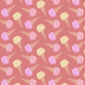 Hand painted ice cream cones in vanilla, raspberry and strawberry colors on a dark peach background - large