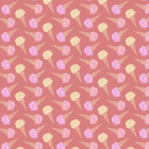  Hand painted ice cream cones in vanilla, raspberry and strawberry colors on a dark peach background - medium