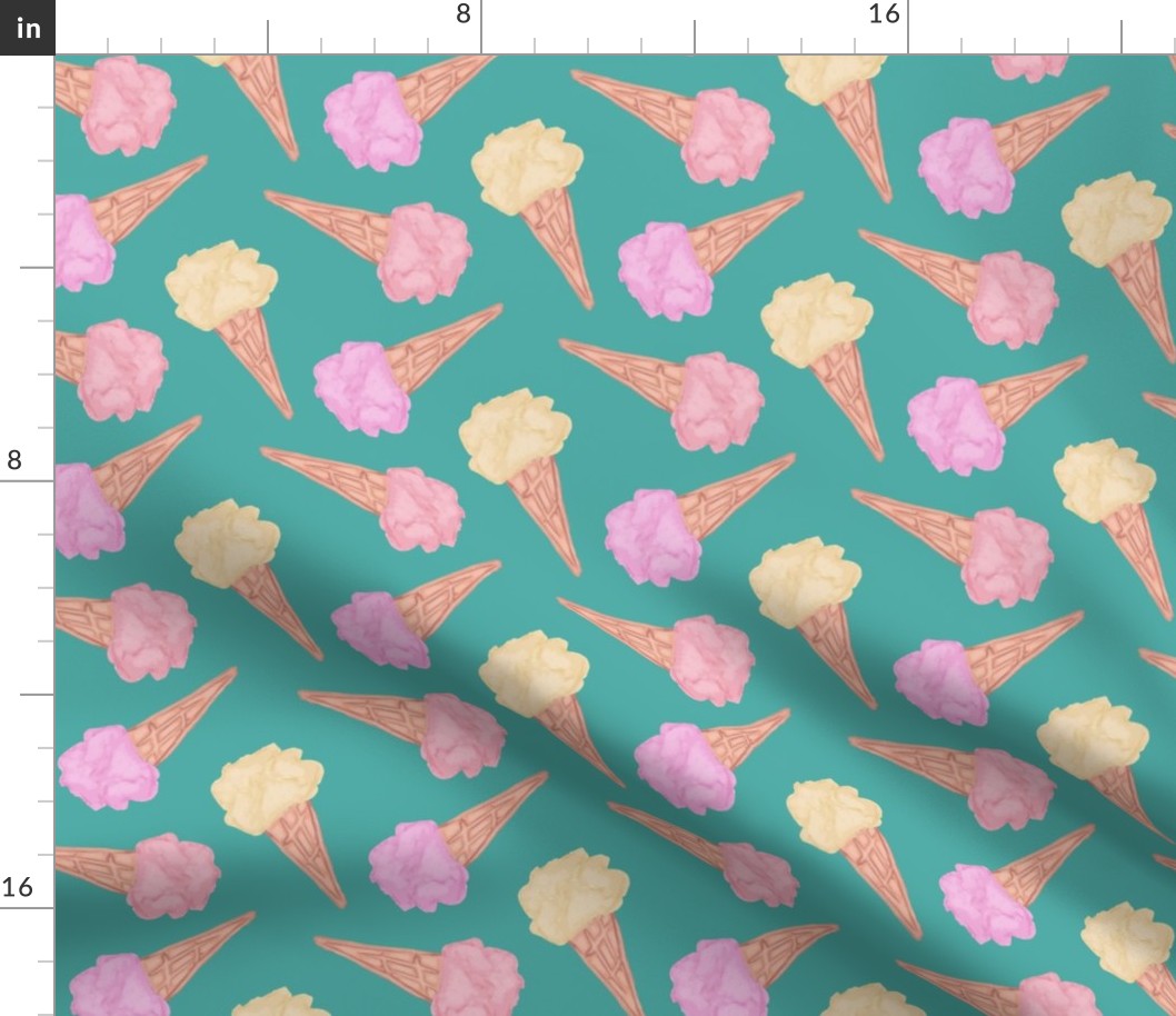 Hand painted ice cream cones in vanilla, raspberry and strawberry colors on a teal background - large