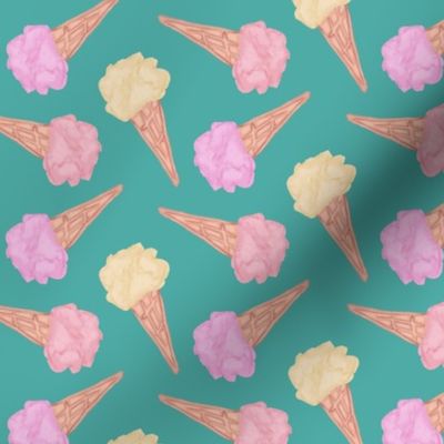 Hand painted ice cream cones in vanilla, raspberry and strawberry colors on a teal background - medium