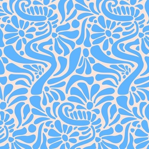 abstract floral blues- modern climbing sunny sky blue cutout flowers and leaves on light cream background