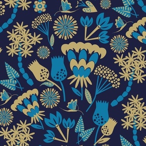 Scand folk floral / dark blue / gold / Large scale 