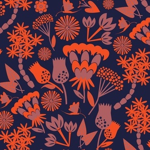 Scand folk floral / dark blue / orange / Large scale 