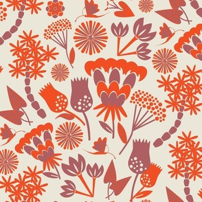 Scand folk floral / orange / cream / Large scale 