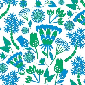 Scandi folk floral / sky blue / white / Large scale 