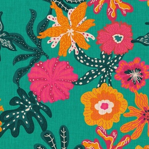 abstract flowers and fantasy foliage in teal honey coral pink orange viridian color palette design