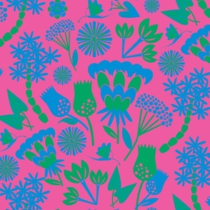 Scandi folk floral / sky blue / electric pink / Large scale 