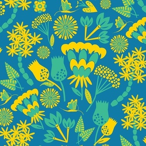 Scand folk floral / yellow / sky blue / Large scale 