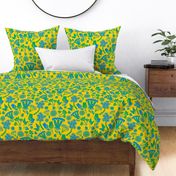 Scand folk floral / sky blue / yellow / Large scale 