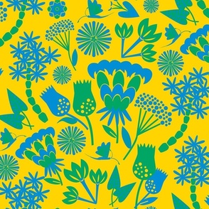 Scand folk floral / sky blue / yellow / Large scale 