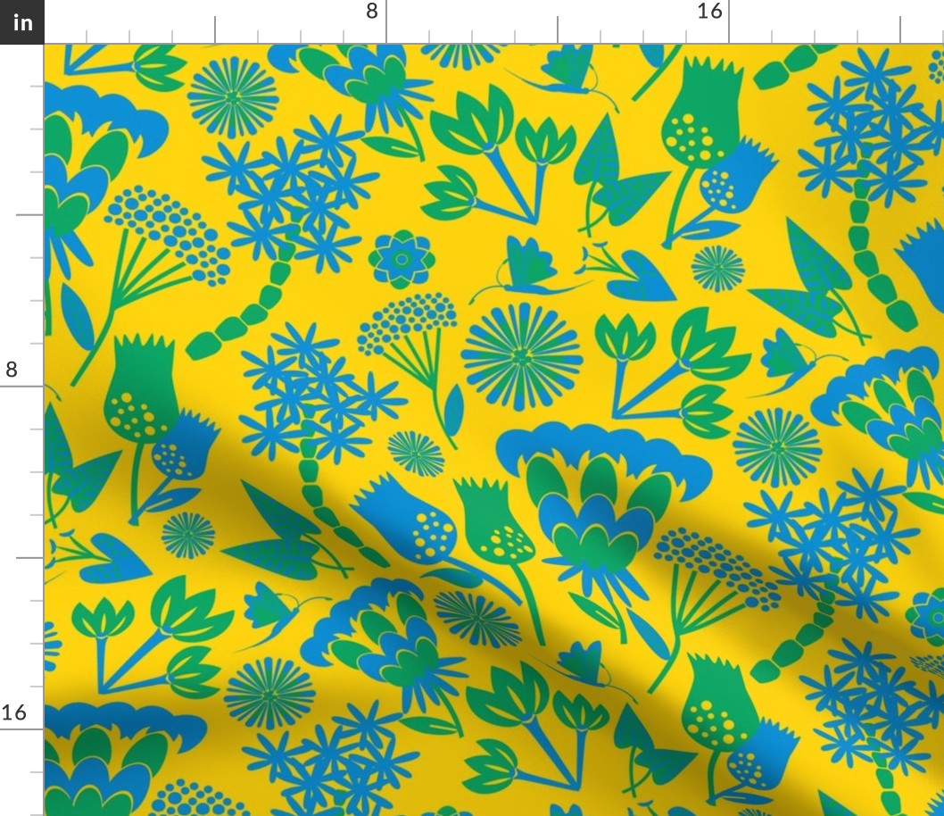 Scand folk floral / sky blue / yellow / Large scale 