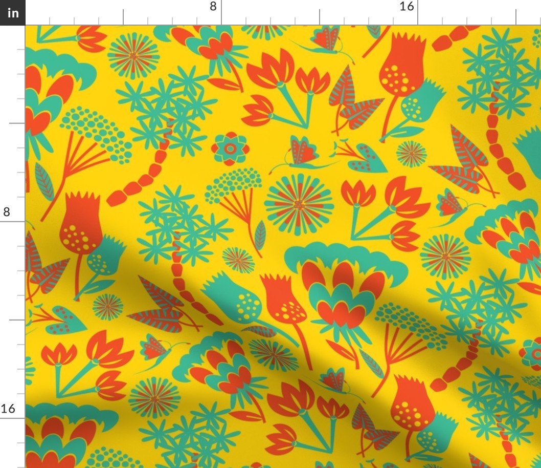 Scand folk floral / mint / yellow / Large scale 