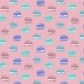 Hand painted macaroons in pink, blue, teal, and purple on a pink background  - large