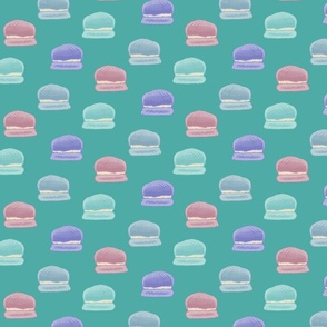 Hand painted macaroons in pink, blue, teal, and purple on a teal background - large