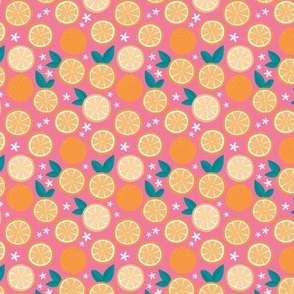 Slices of oranges and citrus blossom - summer fruit garden design orange teal on pink  TINY