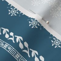 Greek traditional ornaments in vertical lines - white on cerulean cyan background