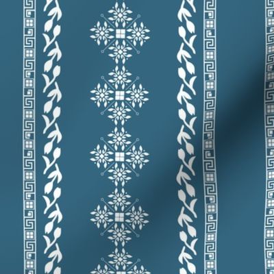 Greek traditional ornaments in vertical lines - white on cerulean cyan background