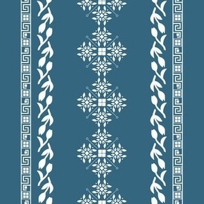Greek traditional ornaments in vertical lines - white on cerulean cyan background
