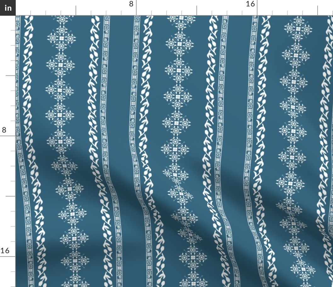 Greek traditional ornaments in vertical lines - white on cerulean cyan background