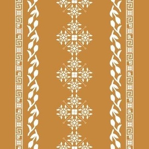 Greek traditional ornaments in vertical lines - white on marigold orange background