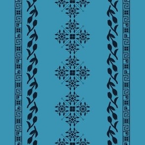 Greek traditional ornaments in vertical lines - black on light cerulean cyan background