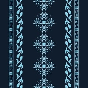 Greek traditional ornaments in vertical lines - light blue on black background