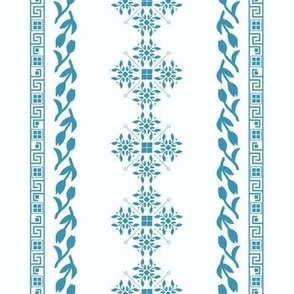 Greek traditional ornaments in vertical lines - light blue on white background