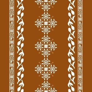 Greek traditional ornaments in vertical lines - white on honey brown background