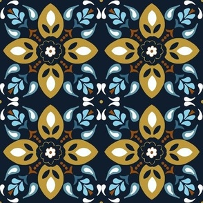 Greek  flower tiles in blue, cerulean cyan, white, brown, goldenrod yellow on black