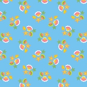 Little Coral Shells & Starfish - Kids colorful ocean under water summer theme green yellow pink on blue 