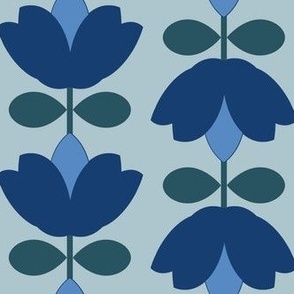 Scandinavian  retro  tulips  abstract 1970 floral on denim light blue, dark green, light blue.