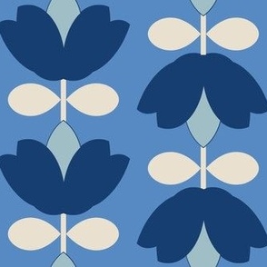 Scandinavian  retro  tulips  abstract 1970 floral in denim light blue, teal and off white