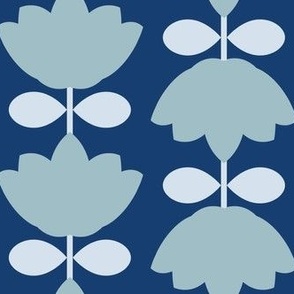 scandinavian abstract geometric retro, tulips on denim dark vintage washed blue