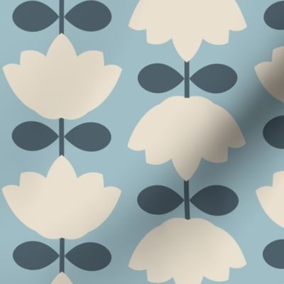 Scandinavian geometric vintage tulips, 1970's retro floral on denim dusty blue, beige and dark green