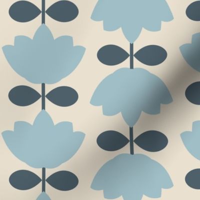 scandi geometric vintage, tulips in denim dusty blue, beige and dark green