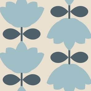 scandi geometric vintage, tulips in denim dusty blue, beige and dark green