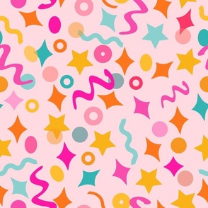 Confetti, Party, Birthday party fabric, celebration, vivid colors, geometric shapes,  good vibes // Pink background