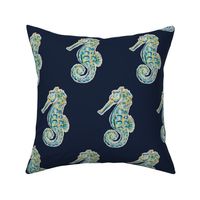 Painted Seahorse Pattern08, on a Dark Blue Background