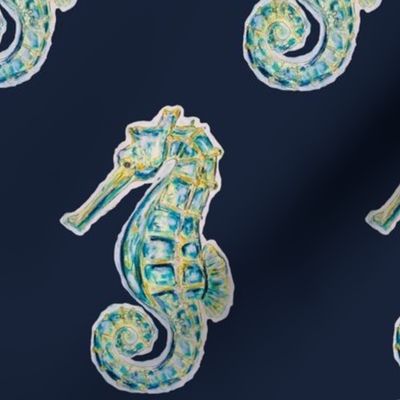 Painted Seahorse Pattern08, on a Dark Blue Background