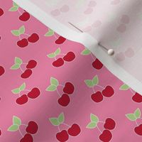 Retro cherries summer garden - fruit cherry design red matcha green on pink SMALL