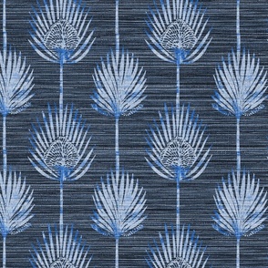 Frond Fusion Block-Print – Watercolor Blue on Dark Blue Grasscloth - New