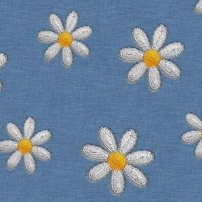 Stitched Embroidered Daisy Flowers on Blue Denim 