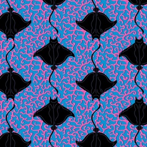 Stingrays and pink corals- marine sea ocean life design with swimming black manta rays and coral reef