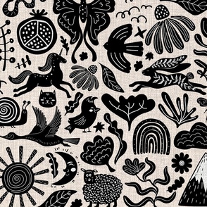 Scandi nature- black and beige block print style, hand drawn scandinavian nordic cozy folk art pattern featuring rainbow, clouds, trees, flowers birds animals sun bees ladybug snails leaves etc - on rustic vintage linen texture