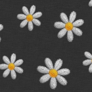 Stitched Embroidered Daisy Flowers on Charcoal Grey Denim 
