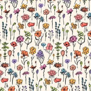 cottagecore  chic rustic wild flowers- on beige cream- colorful soft pastels country style rustic ink  hand drawn wild florals botanicals blossoms weeds, poppies, dandelion, thistle, knapweed, daisy, cosmos, lavender, cornflowers,  buttercups etc