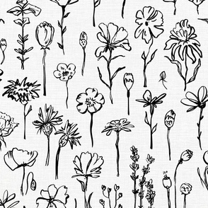 cottagecore  chic rustic wild flowers-black and off white country style rustic in ink  hand drawn wild florals botanicals blossoms weeds, poppies, dandelion, thistle, knapweed, daisy, cosmos, lavender, cornflowers,  buttercups etc